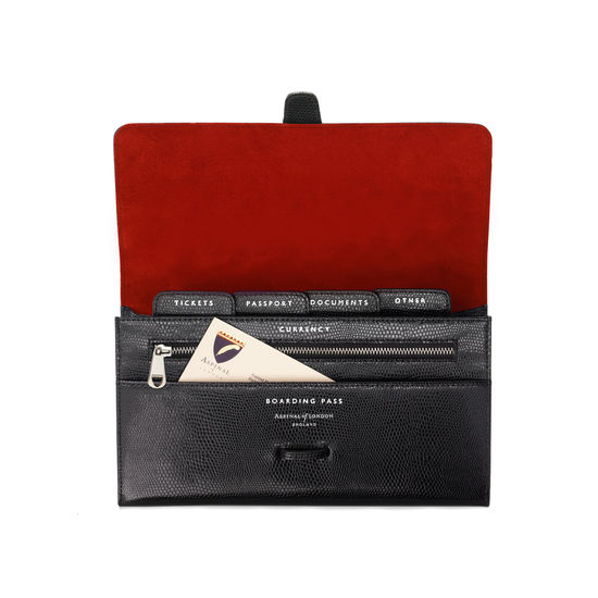 Classic Travel Wallet in Jet Black Lizard & Red Suede from Aspinal of London