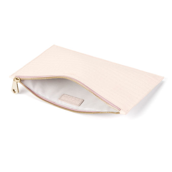 Large Essential Flat Pouch in Deep Shine Shell Pink Small Croc from Aspinal of London