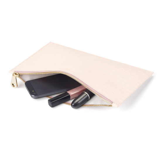 Large Essential Flat Pouch in Deep Shine Shell Pink Small Croc from Aspinal of London
