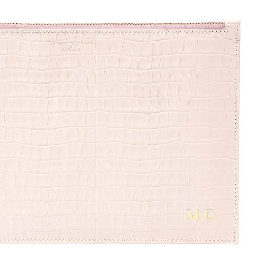 Large Essential Flat Pouch in Deep Shine Shell Pink Small Croc from Aspinal of London
