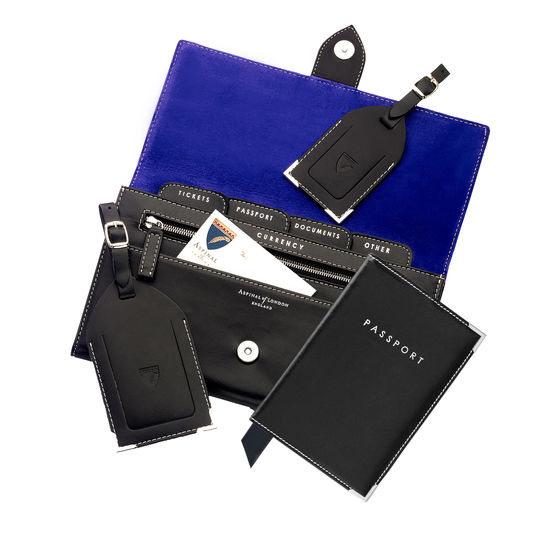 Deluxe Travel Collection in Smooth Black & Cobalt Blue Suede from Aspinal of London