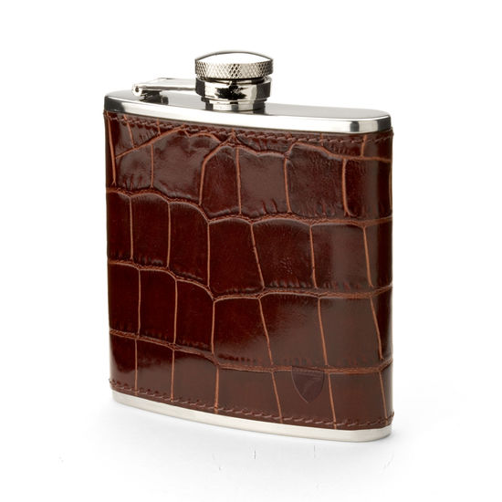 Classic 5oz Leather Hip Flask in Deep Shine Amazon Brown Croc from Aspinal of London