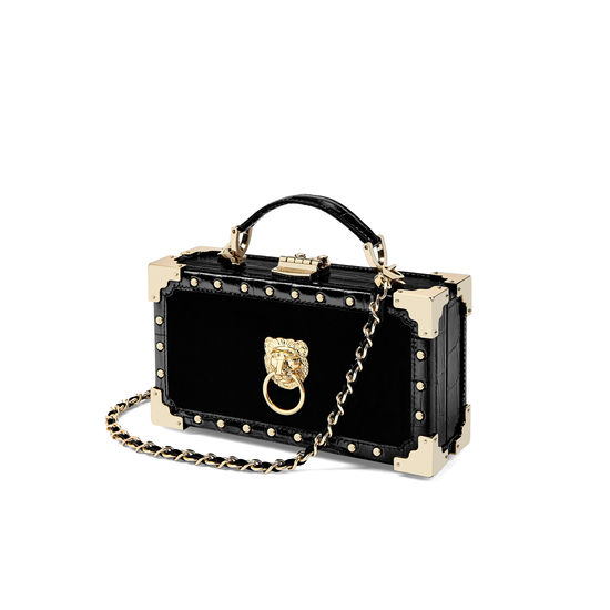 Lion Trinket Box in Black Velvet & Deep Shine Croc with Studs from Aspinal of London