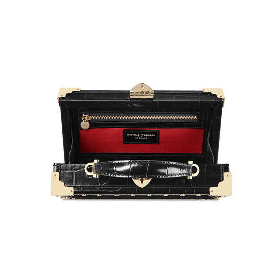 Lion Trinket Box in Black Velvet & Deep Shine Croc with Studs from Aspinal of London