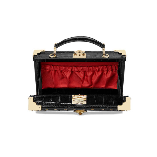 Lion Trinket Box in Black Velvet & Deep Shine Croc with Studs from Aspinal of London