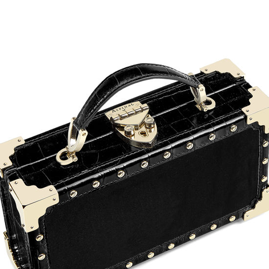 Lion Trinket Box in Black Velvet & Deep Shine Croc with Studs from Aspinal of London