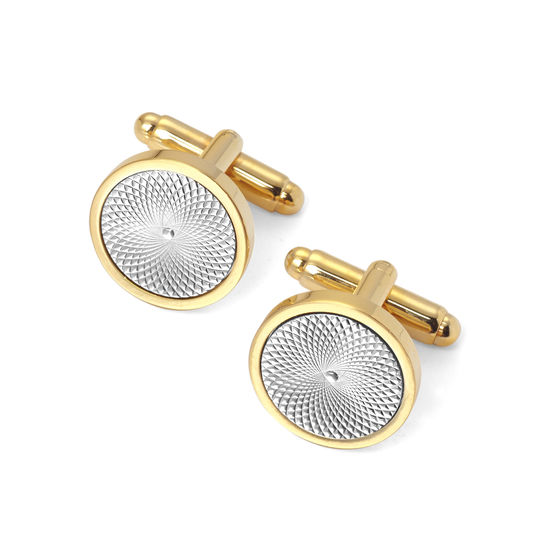Gold Plated with Sterling Silver Plated Engraved Centre Round Cufflinks from Aspinal of London