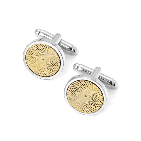 Sterling Silver Plated with Gold Plated Engraved Centre Round Cufflinks from Aspinal of London