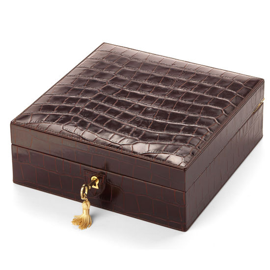 Harrison Square Four Watch Box in Deep Shine Amazon Brown Croc & Stone Suede from Aspinal of London