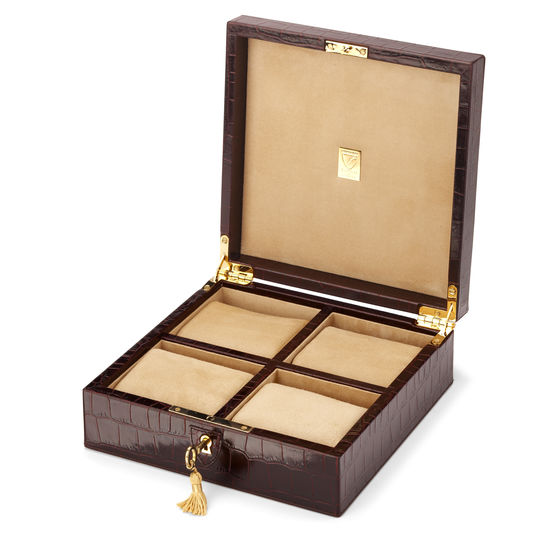 Harrison Square Four Watch Box in Deep Shine Amazon Brown Croc & Stone Suede from Aspinal of London