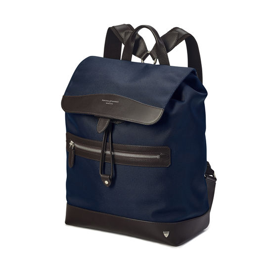 Anderson Backpack in Navy Nylon & Smooth Chocolate Leather Trim from Aspinal of London