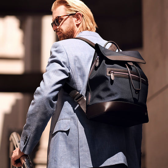 Anderson Backpack in Navy Nylon & Smooth Chocolate Leather Trim from Aspinal of London