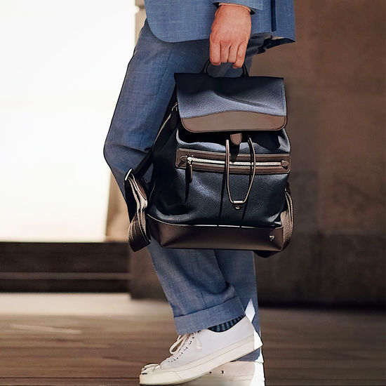 Anderson Backpack in Navy Nylon & Smooth Chocolate Leather Trim from Aspinal of London