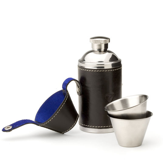 Hunter 6oz Leather Hip Flask in Smooth Black & Cobalt Suede from Aspinal of London