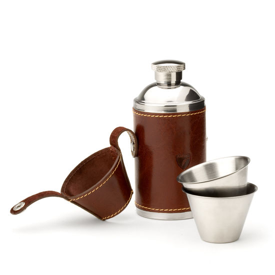 Hunter 6oz Leather Hip Flask in Smooth Cognac & Espresso Suede from Aspinal of London