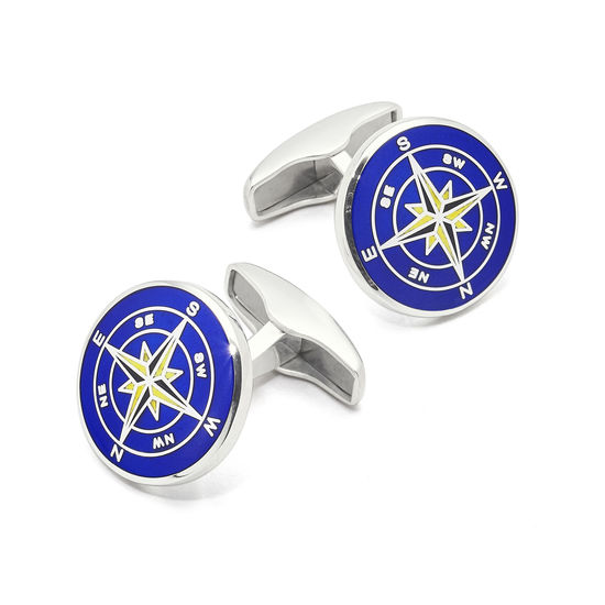 Sterling Silver Compass Rose Cufflinks in Mid Blue Enamel from Aspinal of London