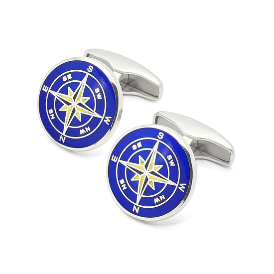 Sterling Silver Compass Rose Cufflinks in Mid Blue Enamel from Aspinal of London