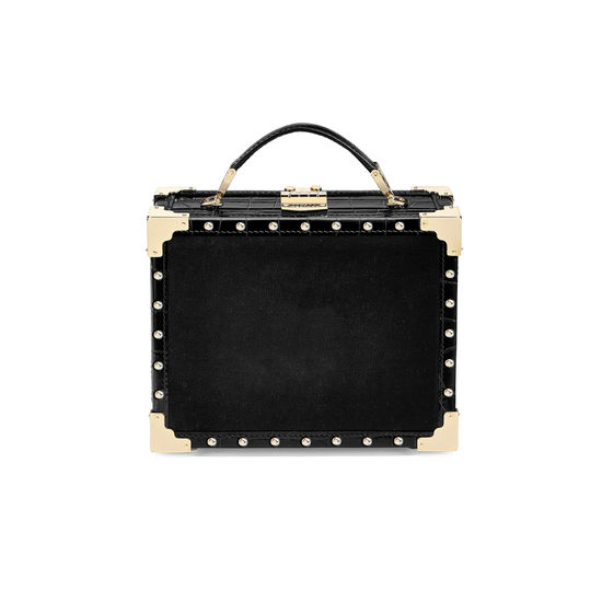Lion Mini Trunk Clutch in Black Velvet & Deep Shine Croc with Studs from Aspinal of London