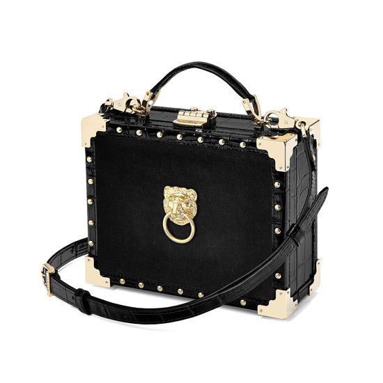 Lion Mini Trunk Clutch in Black Velvet & Deep Shine Croc with Studs from Aspinal of London
