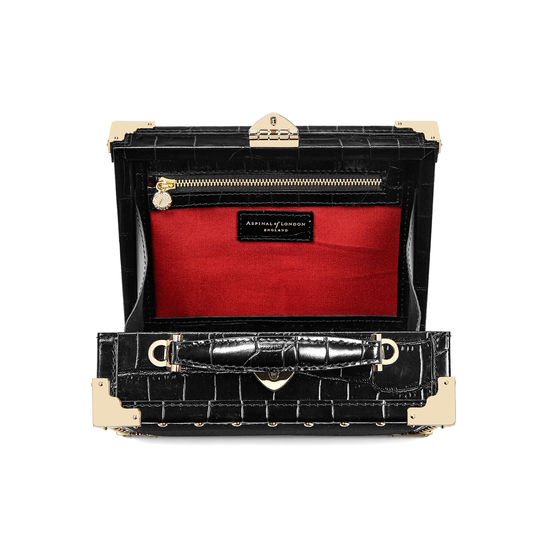 Lion Mini Trunk Clutch in Black Velvet & Deep Shine Croc with Studs from Aspinal of London