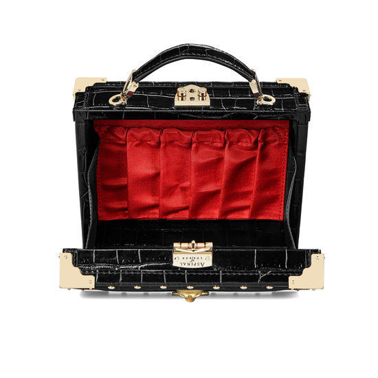 Lion Mini Trunk Clutch in Black Velvet & Deep Shine Croc with Studs from Aspinal of London