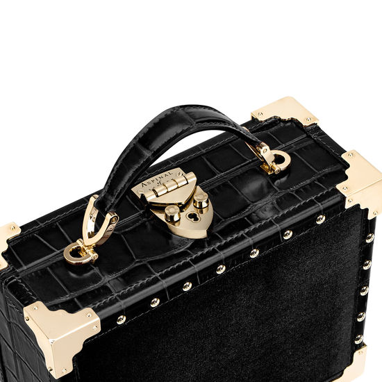 Lion Mini Trunk Clutch in Black Velvet & Deep Shine Croc with Studs from Aspinal of London