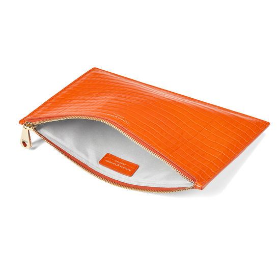 Large Essential Flat Pouch in Deep Shine Amber Small Croc from Aspinal of London