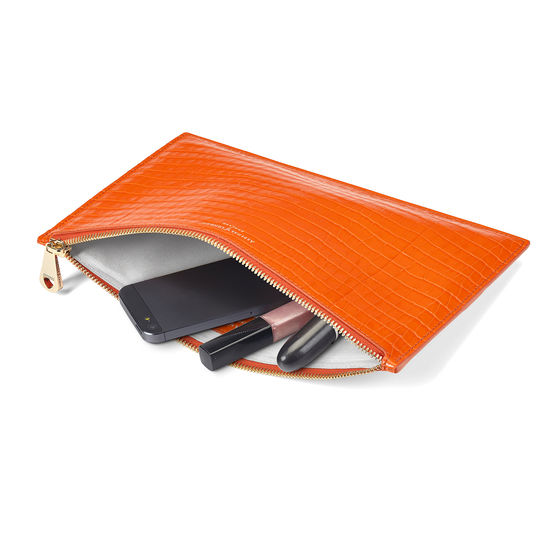 Large Essential Flat Pouch in Deep Shine Amber Small Croc from Aspinal of London