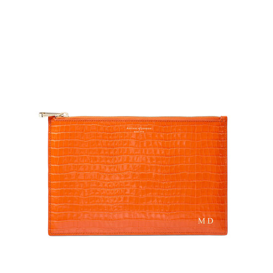 Large Essential Flat Pouch in Deep Shine Amber Small Croc from Aspinal of London