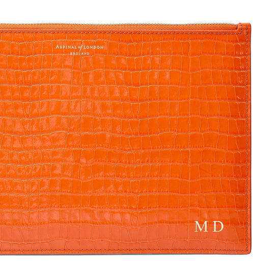 Large Essential Flat Pouch in Deep Shine Amber Small Croc from Aspinal of London