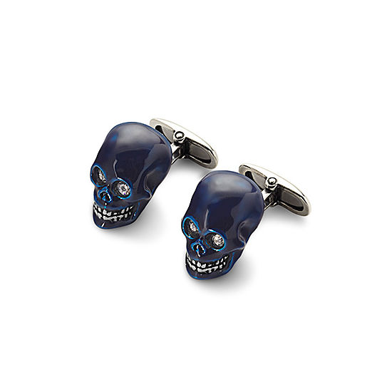 Sterling Silver & Blue Enamel Skull Cufflinks from Aspinal of London