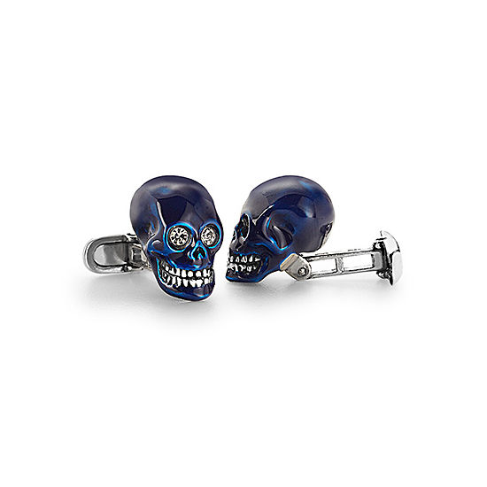 Sterling Silver & Blue Enamel Skull Cufflinks from Aspinal of London