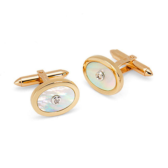 Round Mother of Pearl Cufflinks Gemset with Brilliant Cut Diamonds in 9ct Yellow Gold from Aspinal of London