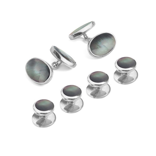 Sterling Silver & Black Mother of Pearl Oval Cufflinks & Dress Shirt Studs Set from Aspinal of London