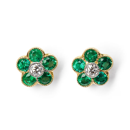 Athena 18ct Gold Emerald & Diamond Cluster Stud Earrings from Aspinal of London