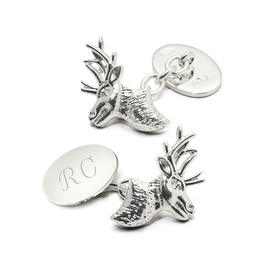 Sterling Silver Personalised Stag Head Cufflinks from Aspinal of London