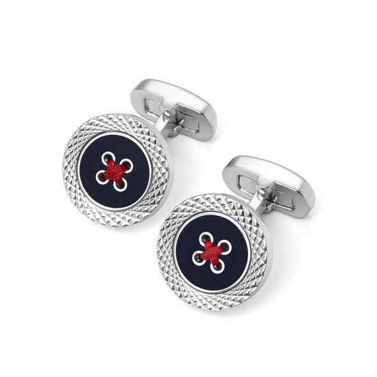 Sterling Silver Plated Engraved Edge Button Cufflinks in Navy Enamel from Aspinal of London