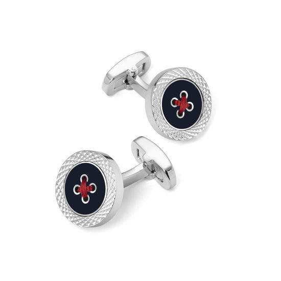 Sterling Silver Plated Engraved Edge Button Cufflinks in Navy Enamel from Aspinal of London