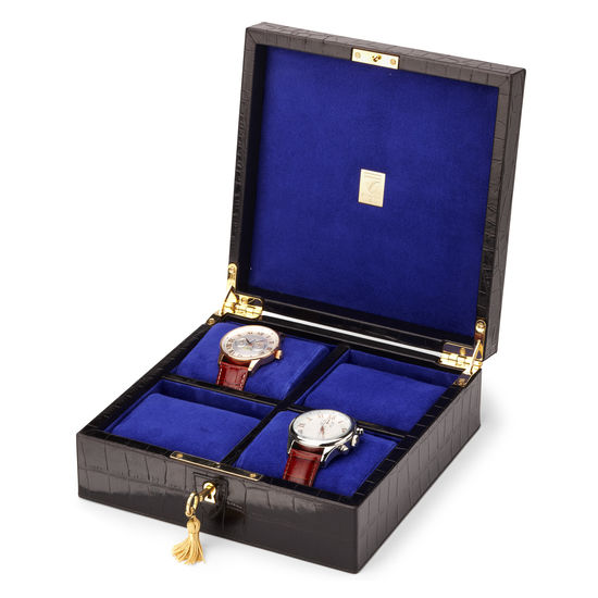 Harrison Square Four Watch Box in Black Croc & Cobalt Blue Suede from Aspinal of London