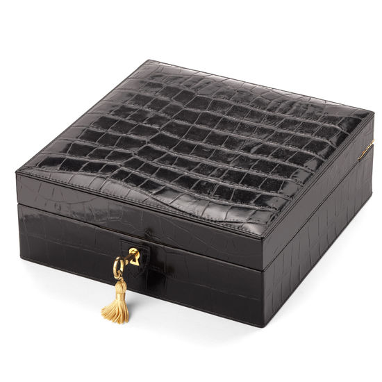 Harrison Square Four Watch Box in Black Croc & Cobalt Blue Suede from Aspinal of London
