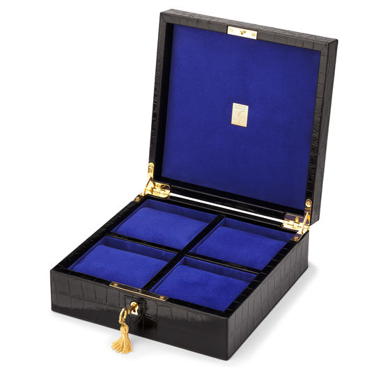 Harrison Square Four Watch Box in Black Croc & Cobalt Blue Suede from Aspinal of London