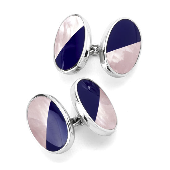 Sterling Silver Blue Lapis & Pink Mother of Pearl Oval Bicolour Cufflinks from Aspinal of London