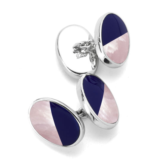 Sterling Silver Blue Lapis & Pink Mother of Pearl Oval Bicolour Cufflinks from Aspinal of London