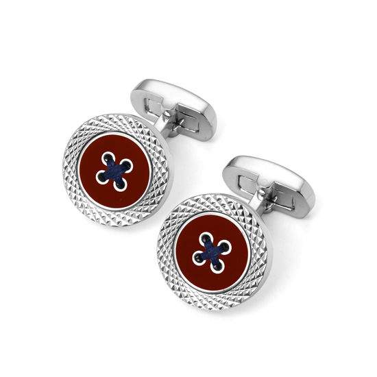 Sterling Silver Plated Engraved Edge Button Cufflinks in Red Enamel from Aspinal of London