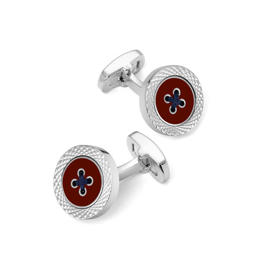 Sterling Silver Plated Engraved Edge Button Cufflinks in Red Enamel from Aspinal of London