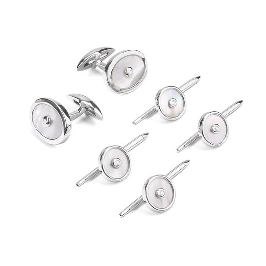 9ct White Gold, Mother of Pearl & Diamond Oval Cufflinks & Dress Shirt Studs Set from Aspinal of London