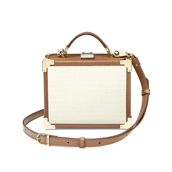 Mini Trunk Clutch in Deep Shine Ivory Small Croc & Camel Lizard with Zig Zag Strap from Aspinal of London