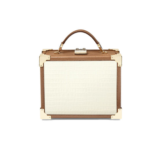 Mini Trunk Clutch in Deep Shine Ivory Small Croc & Camel Lizard with Zig Zag Strap from Aspinal of London