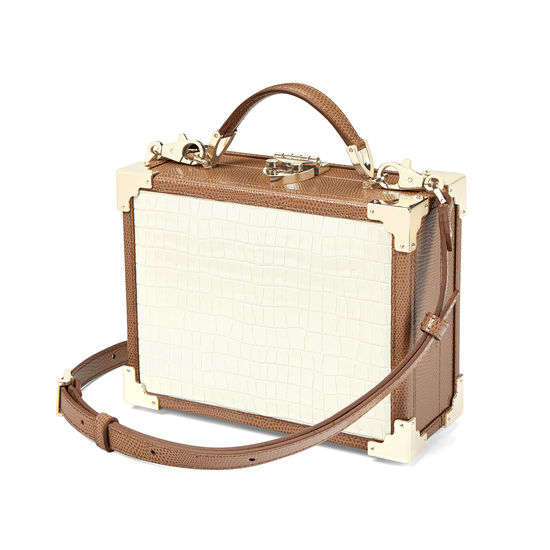 Mini Trunk Clutch in Deep Shine Ivory Small Croc & Camel Lizard with Zig Zag Strap from Aspinal of London