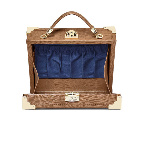 Mini Trunk Clutch in Deep Shine Ivory Small Croc & Camel Lizard with Zig Zag Strap from Aspinal of London